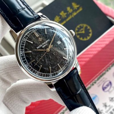   PATEK PHILIPPE 9015  Automatic Movement  Italian Cowhide Style Black 42mm Watch